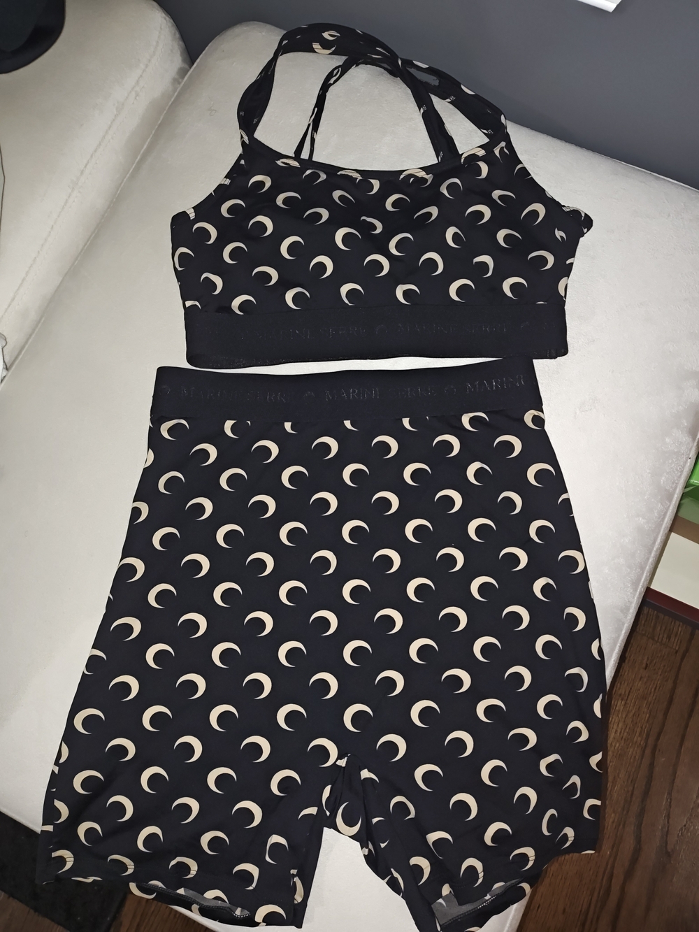 Marine Serre Black Bralette and High-Waist Shorts with Cream Crescent Moon Print